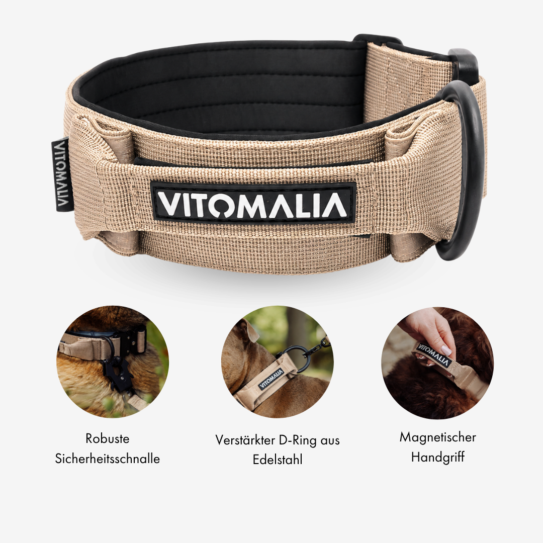 Tactical Dog Collar with load-bearing buckle & magnetic handle - beige