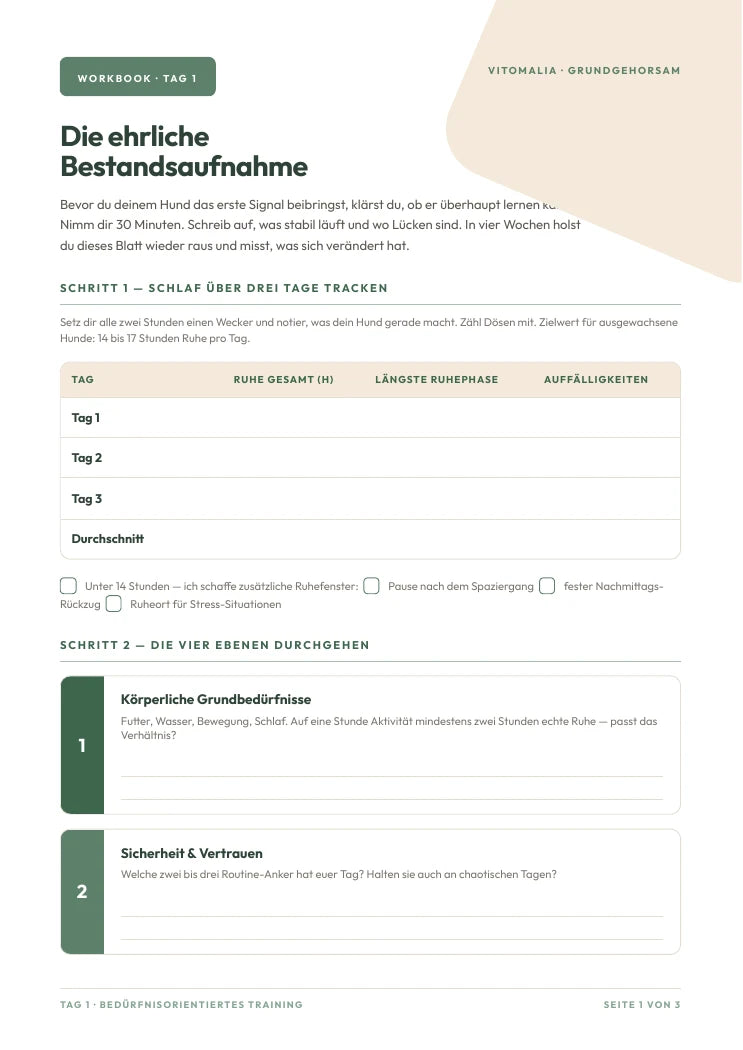 Erste Originalseite des Grundgehorsam-Workbooks für Tag 1
