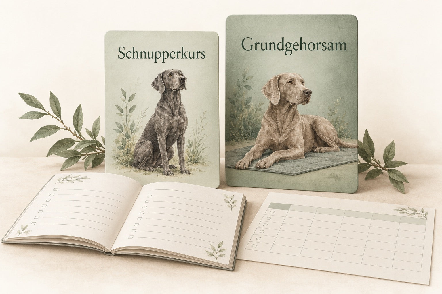 Illustrierte Kursbibliothek mit Schnupperkurs, Grundgehorsam und Lernunterlagen.