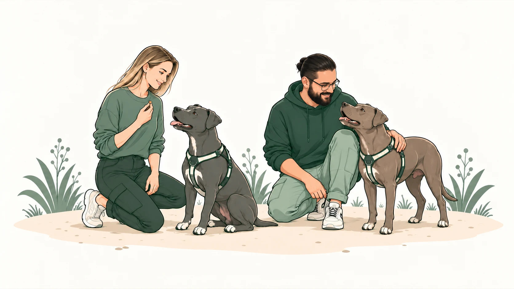 Illustration: Paulina mit Vito und Lui mit Amalia beim gemeinsamen Trainingsstart.