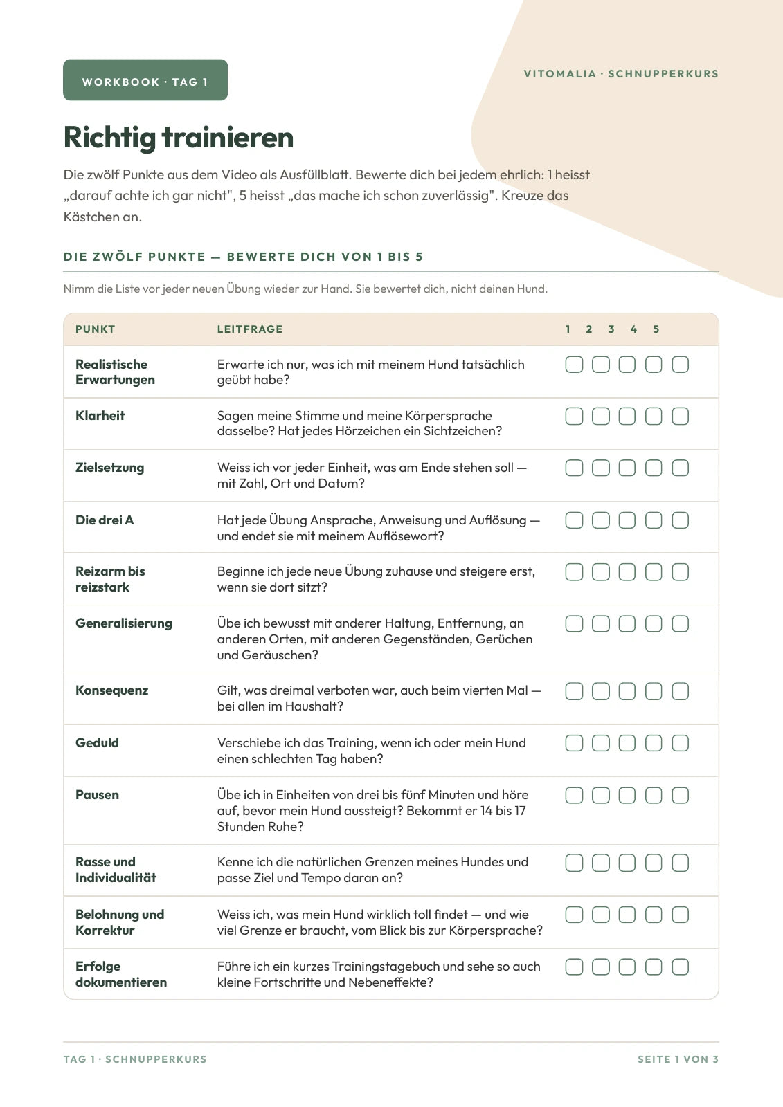 Original-Workbook aus Tag 1 des Schnupperkurses.