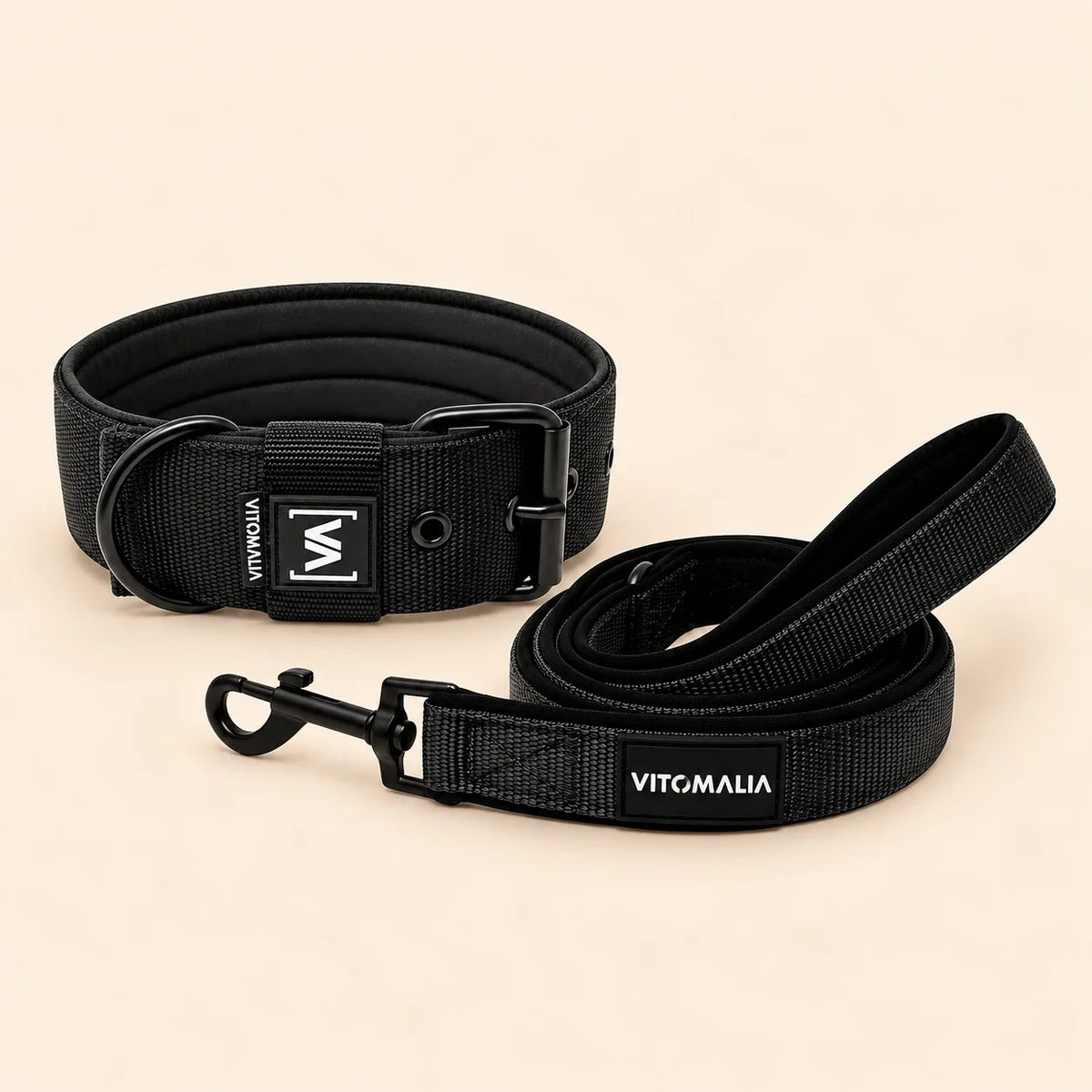 Vitomalia Classic Edition – schwarzes Halsband und schwarze Führleine