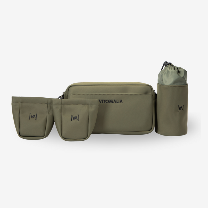 Multifunctional khaki Waist Bag for dog owners in khaki: with removable treat compartments, poo bag dispenser and water bottle holder