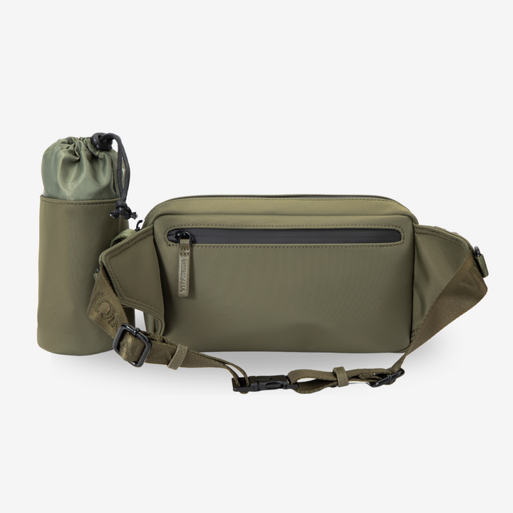 Multifunctional khaki Waist Bag for dog owners in khaki: with removable treat compartments, poo bag dispenser and water bottle holder