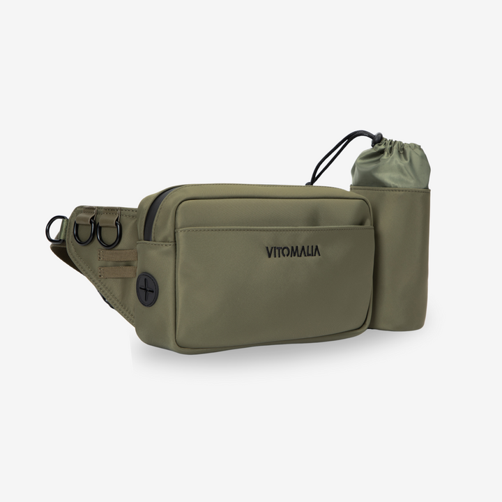 Multifunctional khaki Waist Bag for dog owners in khaki: with removable treat compartments, poo bag dispenser and water bottle holder