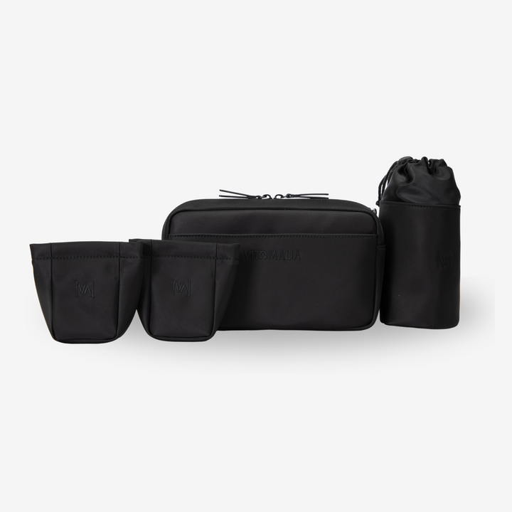 Multifunctional black bum bag for dog owners - with treat compartment, poop bag dispenser and water bottle holder