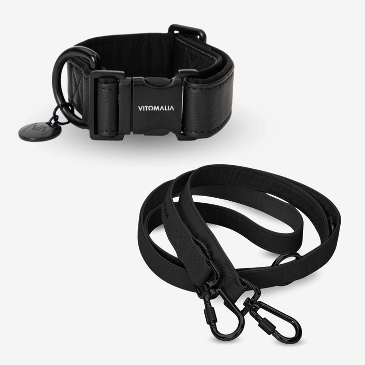 Bundle Luxus Edition Noir Set - Collier + 2,2m triple Laisse pour chien réglable Laisse pour chien