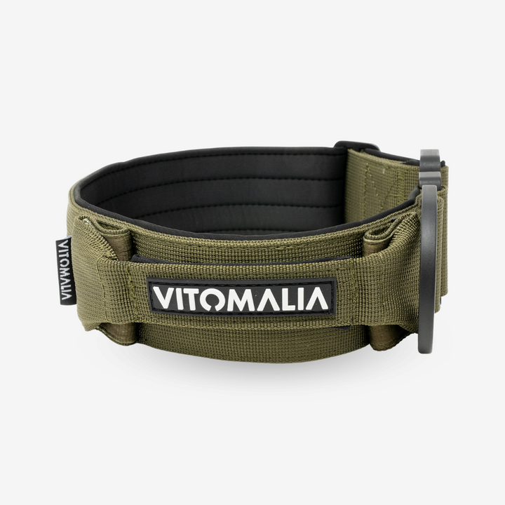 Taktisches Hundehalsband mit belastbarer Schnalle & Magnet Handgriff - Khaki - Vitomalia - Hundehalsband Extreme Edition