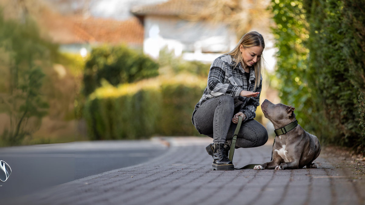 Paulina trainiert mit einem Hund im Freien.