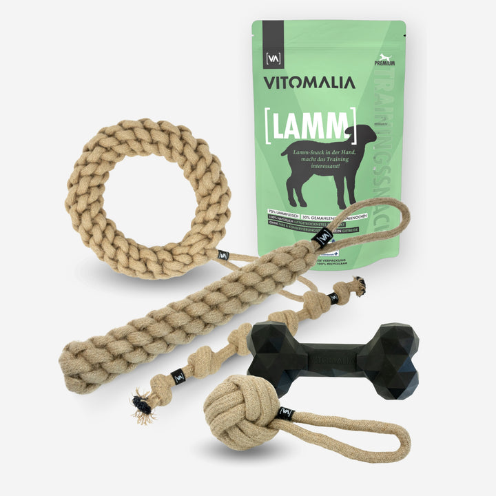 Zestaw Natural Hemp Tug & Retrieve Toy + Extreme Bone & Przekąski treningowe Lamb - L