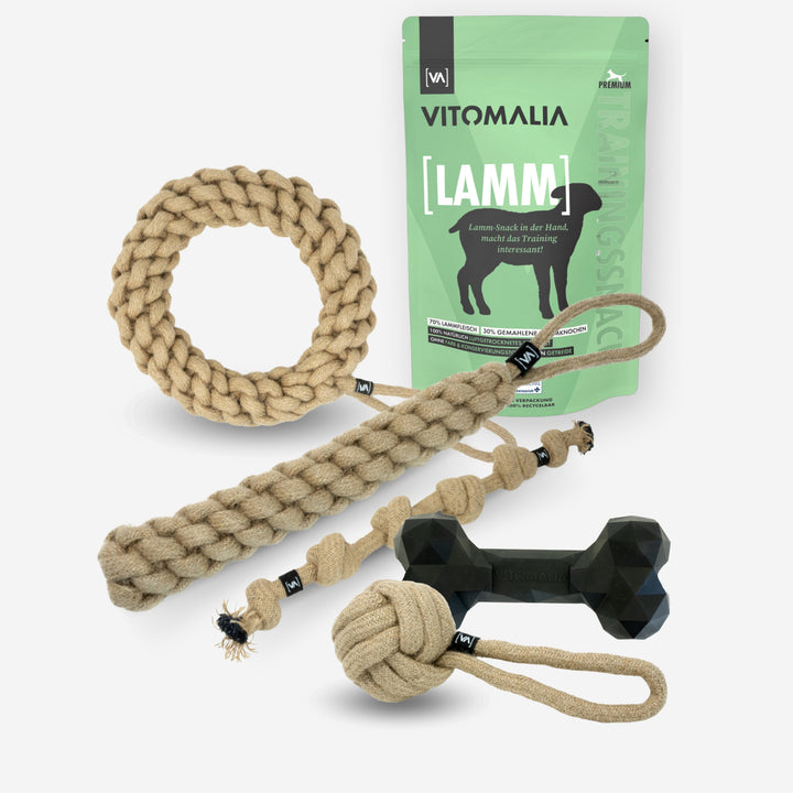 Bundle Natural Hemp Tug & Retrieve Toy + Extreme Bone & Training Treats Lamb - M