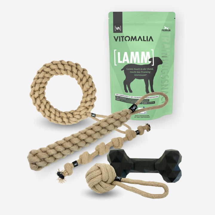 Zestaw Natural Hemp Tug & Retrieve Toy + Extreme Bone & Przekąski treningowe Lamb - S