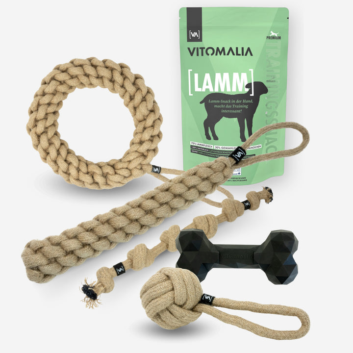 Bundle Natural Hemp Tug & Retrieve Toy + Extreme Bone & Training Treats Lamb - XL