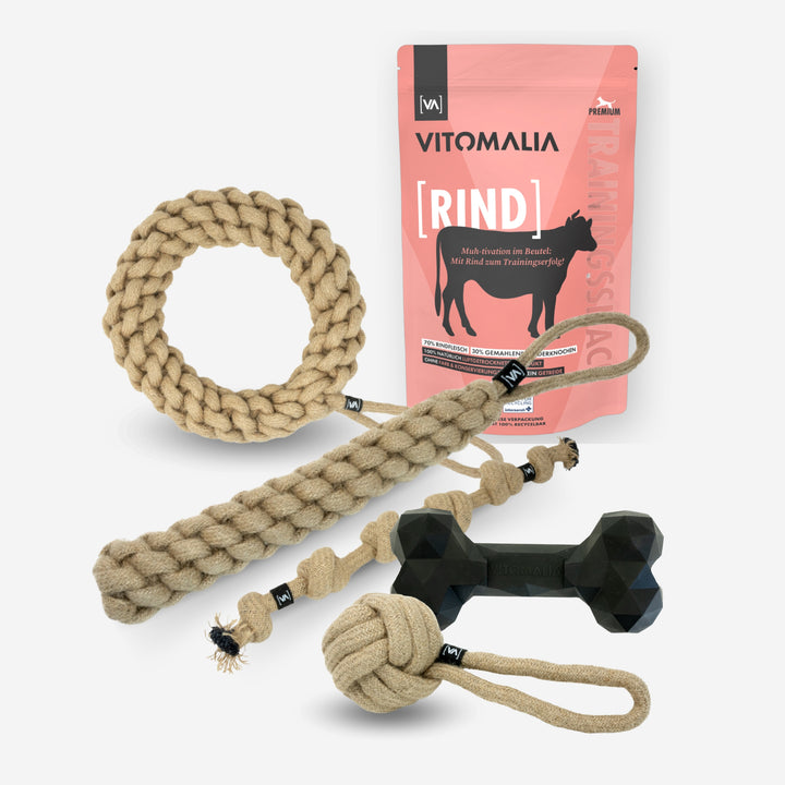 Zestaw Natural Hemp Tug & Retrieve Toy + Extreme Bone & Przekąski treningowe Beef - L