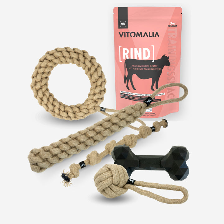 Zestaw Natural Hemp Tug & Retrieve Toy + Extreme Bone & Przekąski treningowe Beef - M