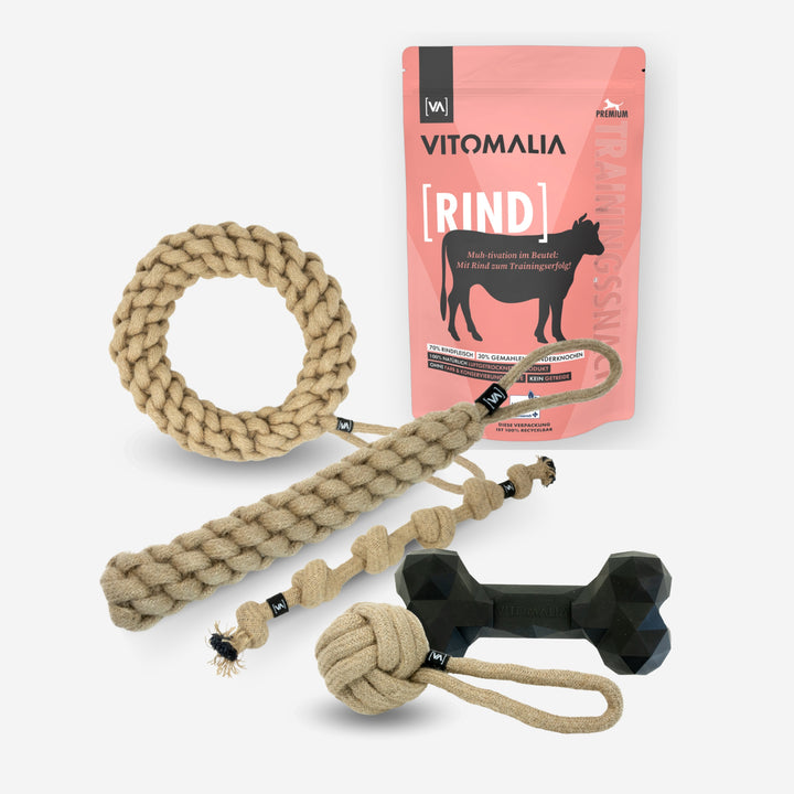 Zestaw Natural Hemp Tug & Retrieve Toy + Extreme Bone & Przekąski treningowe Beef - S