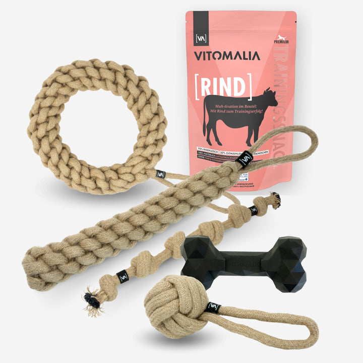 Zestaw Natural Hemp Tug & Retrieve Toy + Extreme Bone & Przekąski treningowe Beef - XL