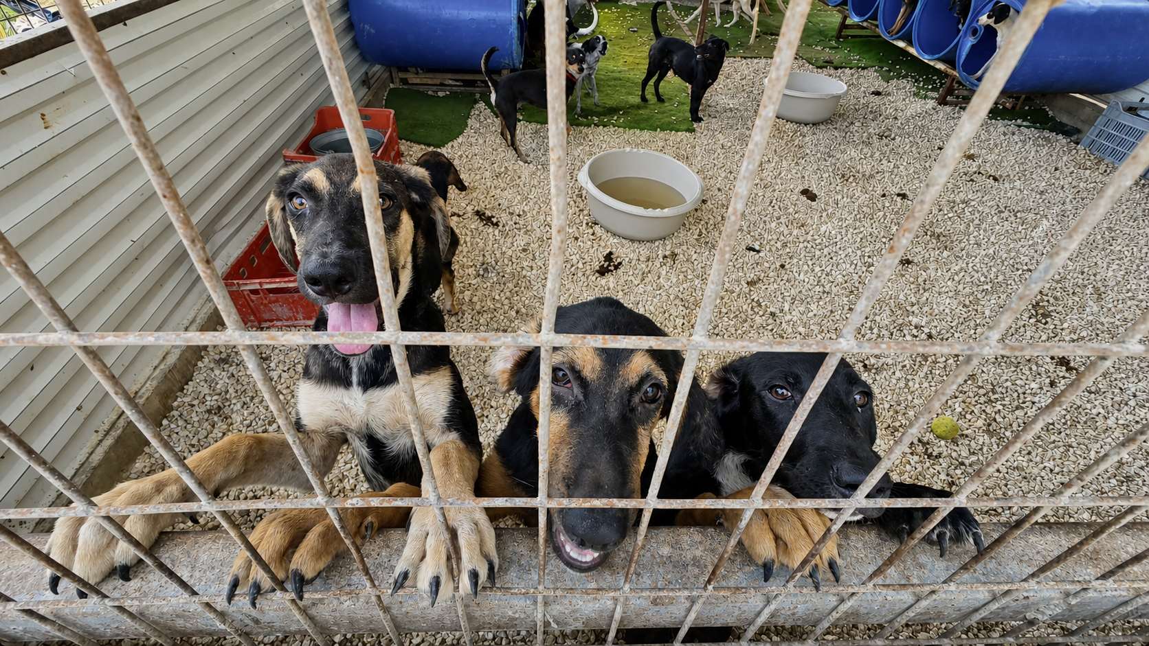 Drei Hunde im Tierheim in Paphos schauen durch ein Gitter