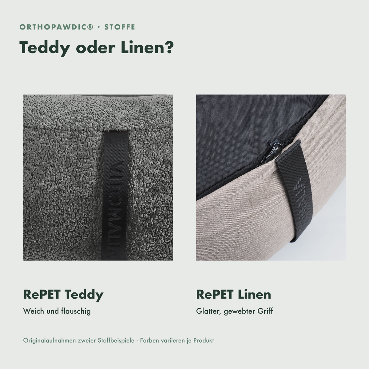 OrthoPawdic Original-Stoffvergleich RePET Teddy und RePET Linen