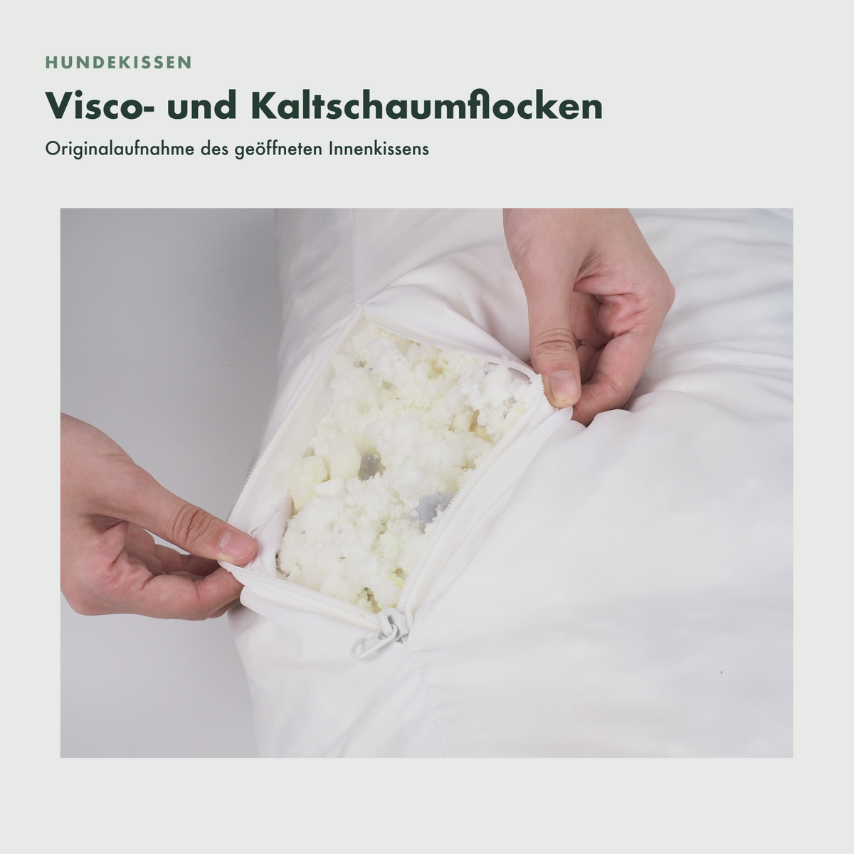 OrthoPawdic Hundekissen Originalaufnahme der Visco- und Kaltschaumflocken