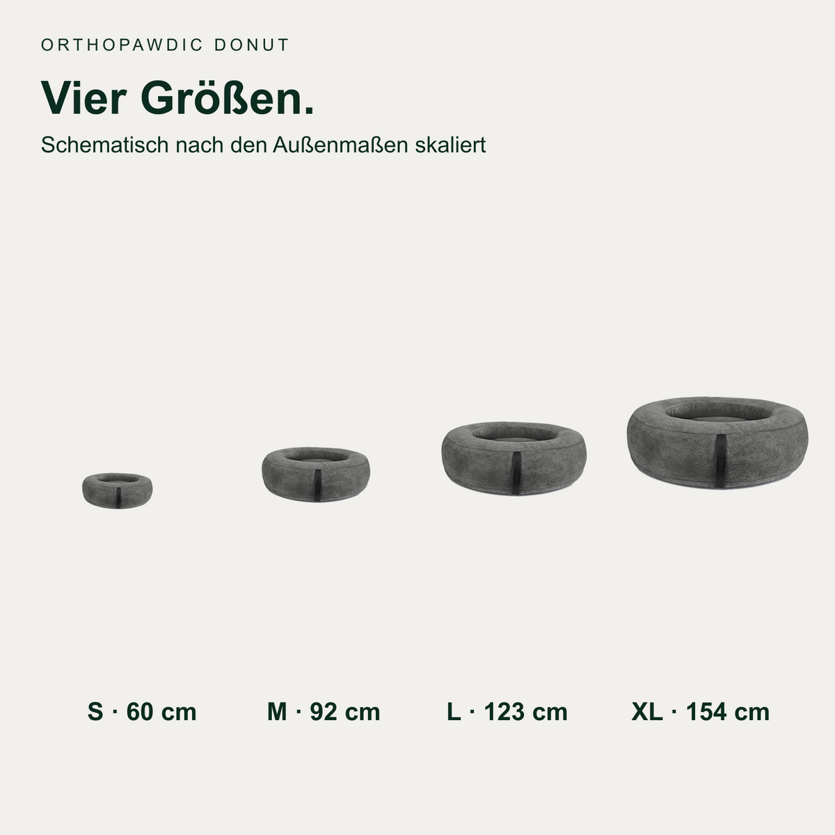 OrthoPawdic donut – vier Größen nach Außenmaßen schematisch skaliert