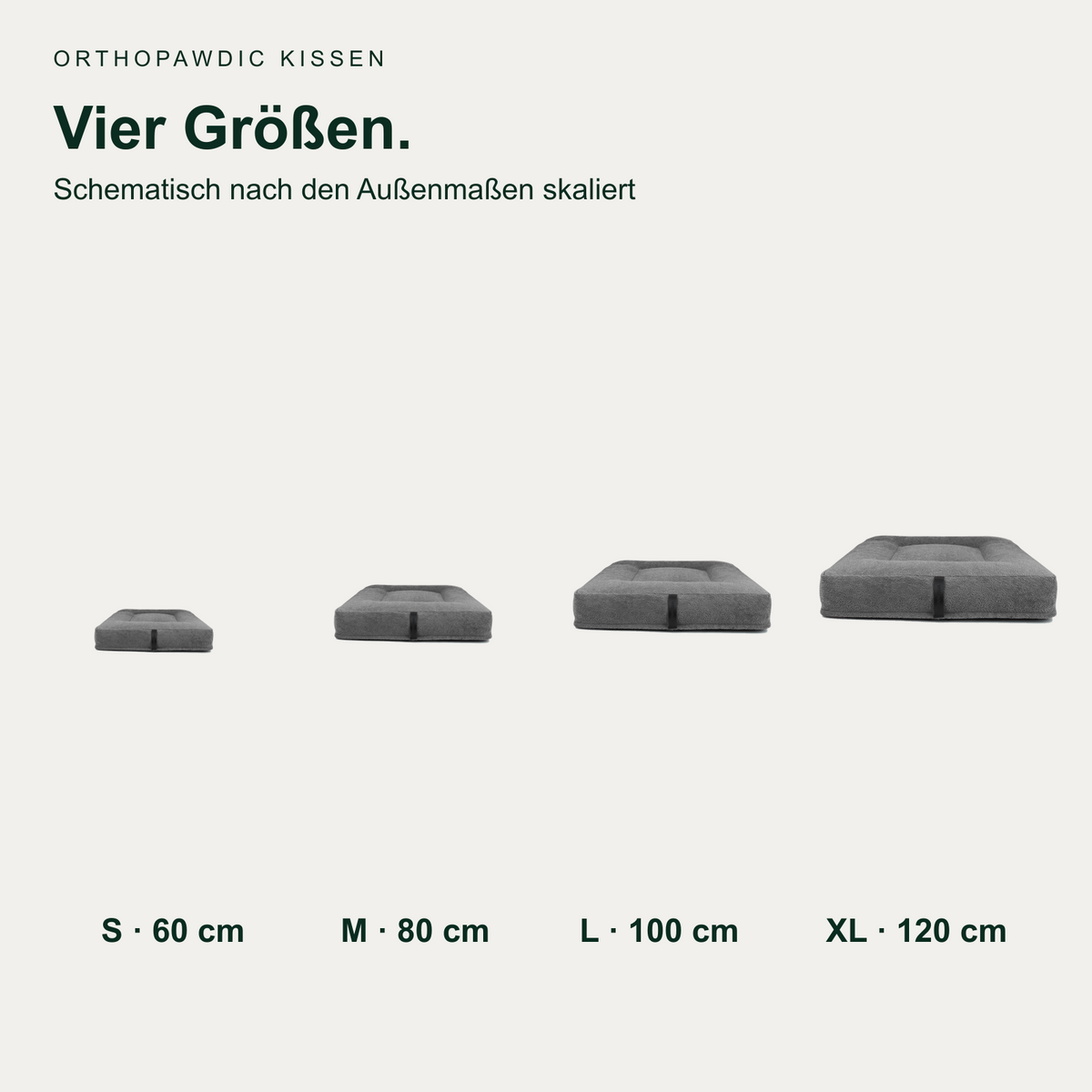OrthoPawdic kissen – vier Größen nach Außenmaßen schematisch skaliert
