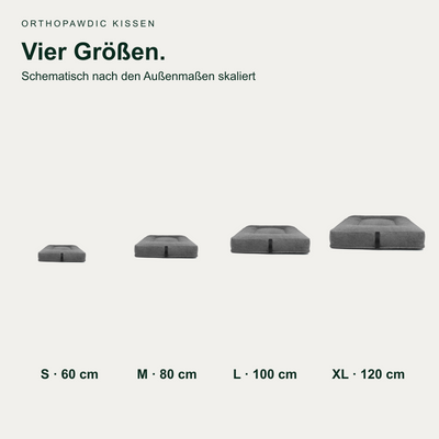 OrthoPawdic kissen – vier Größen nach Außenmaßen schematisch skaliert