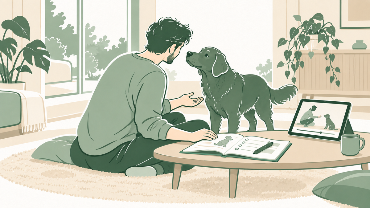 Illustration: Mensch und Hund beginnen gemeinsam zu lernen