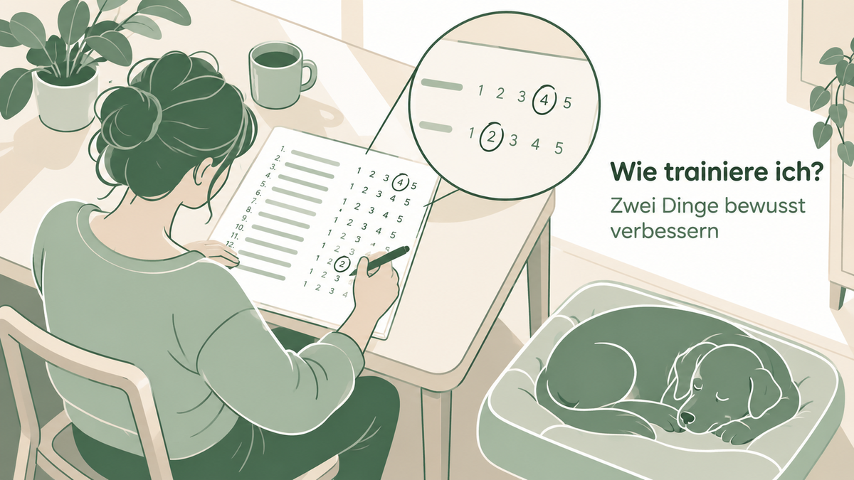 Lehrillustration zur Selbsteinschätzung am Tisch mit ruhendem Hund