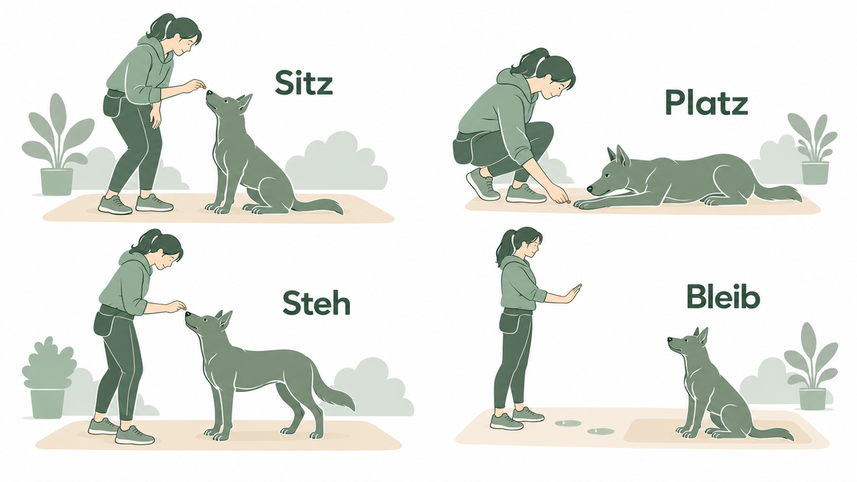 Lehrillustration zu Sitz, Platz, Steh und Bleib