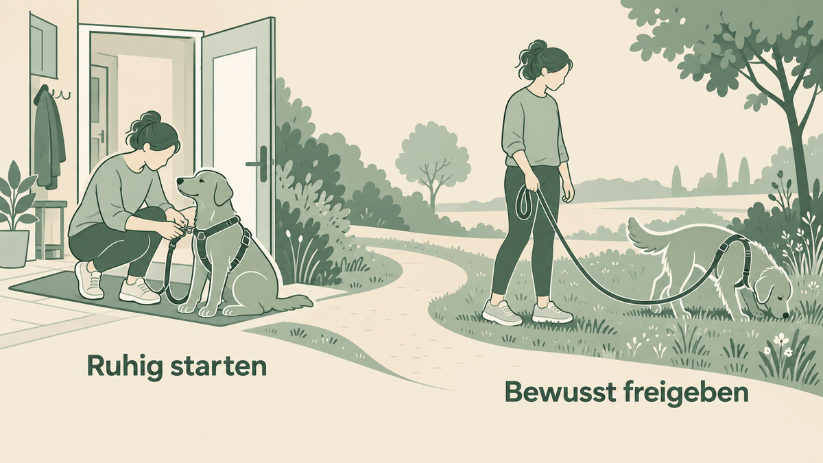 Lehrillustration zu ruhigem Anleinen und bewusster Freigabe