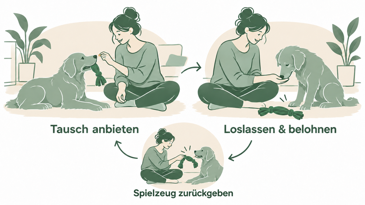 Lehrillustration zum Tausch von Spielzeug gegen Futter und anschließender Rückgabe