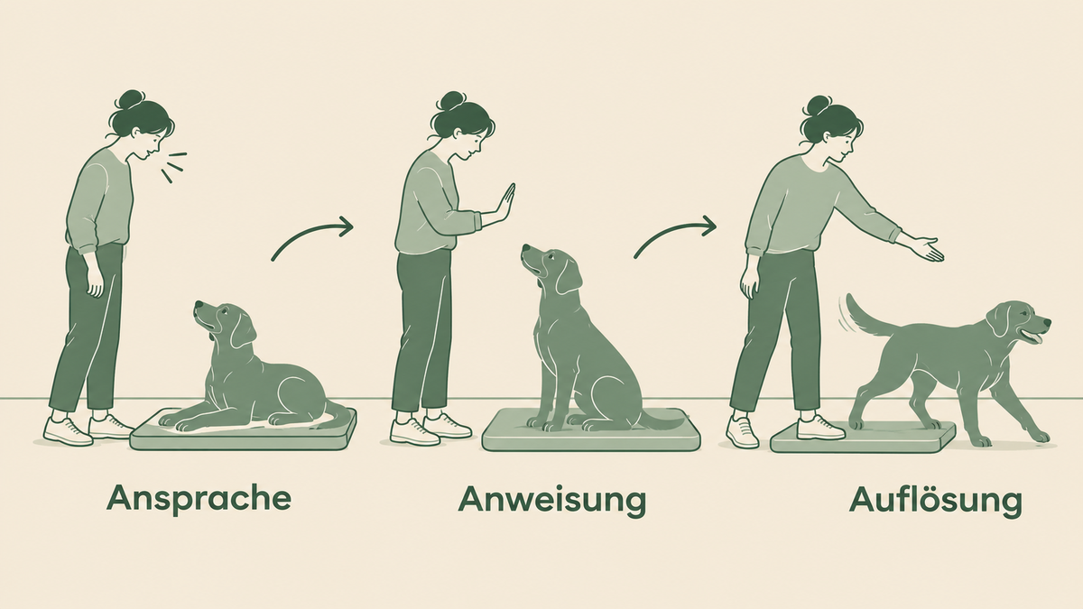 Lehrillustration zu Ansprache, Anweisung und Auflösung