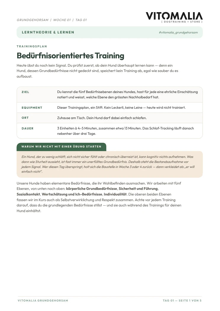 Erste Originalseite des Grundgehorsam-Trainingsplans für Tag 1