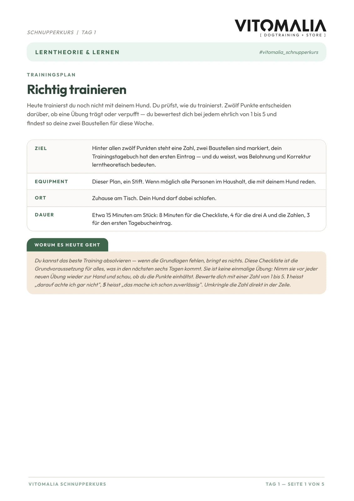 Original-Trainingsplan aus Tag 1 des Schnupperkurses.